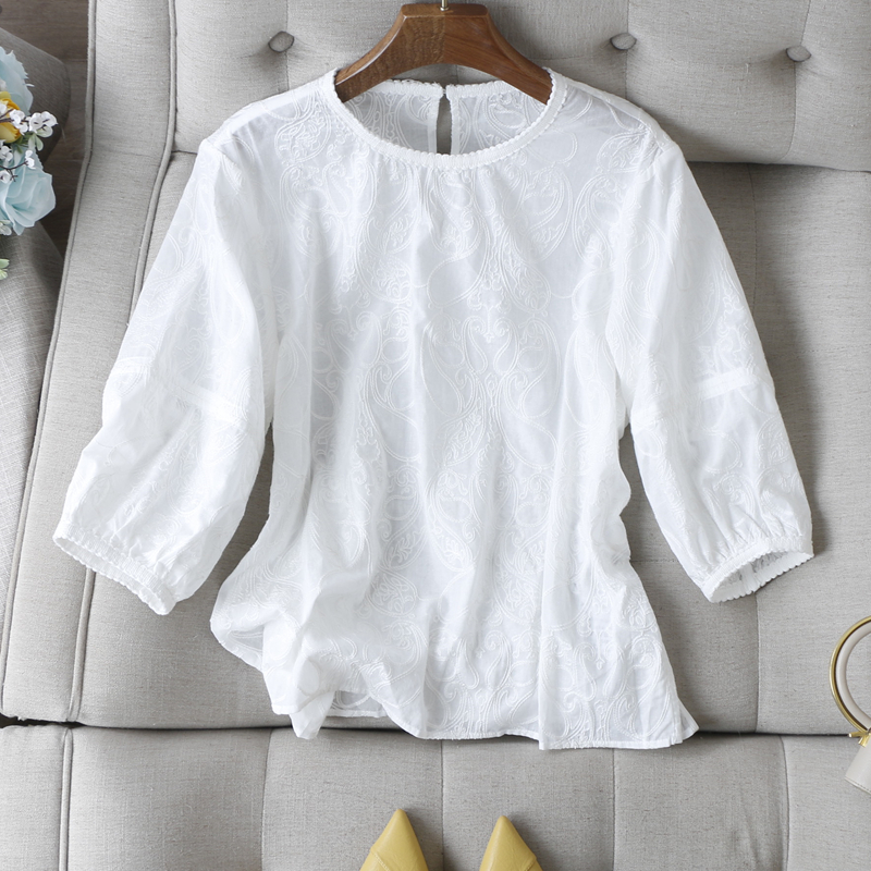  甜美南法风情~重工枝蔓刺绣灯笼袖七分袖舒适全棉衬衫上衣女春