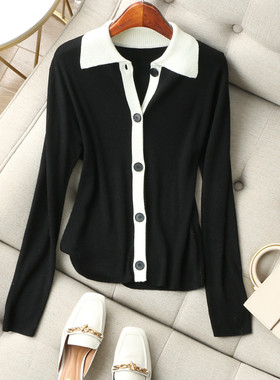 优雅知性~白色拼边撞色翻领弹力螺纹单排扣长袖绵羊毛针织开衫秋