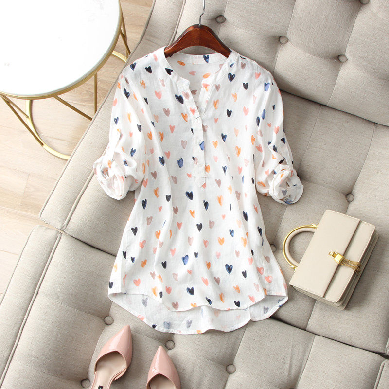 彩色小爱心！优雅清凉V领可调节袖印花显瘦亚麻套头衬衫上衣夏季,女装/女士精品,衬衫,淘宝优惠券,粉丝福利购,淘宝优惠卷