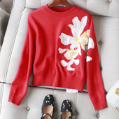 明星同款 时尚 新年红圆领长袖 金鳞新春系列 套头全羊毛针织衫 毛衣