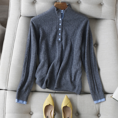 复古腔调~优雅撞色半高两穿领细麻花小直筒显瘦长袖全羊毛针织衫