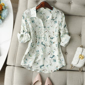 显瘦直筒衬衫 清雅中带着微甜 枝头小鸟晕染印花可调节七分袖 上衣