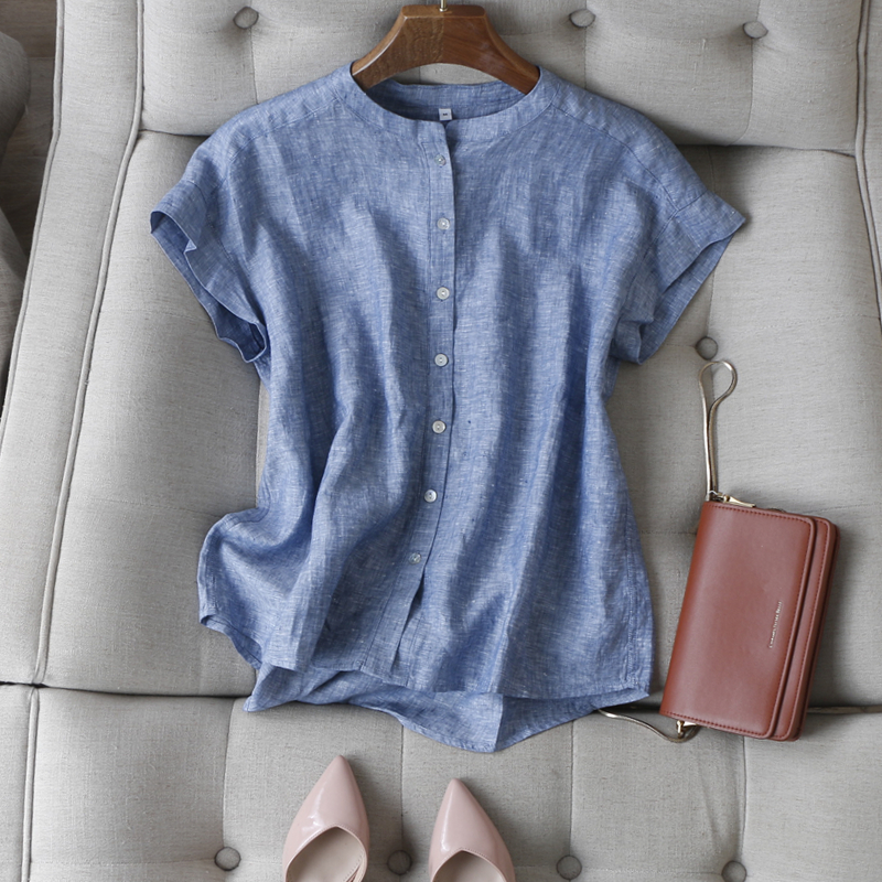衬肤显白~凉爽巨好看连肩袖减龄显瘦短袖高端全亚麻衬衫上衣女夏