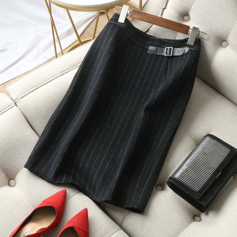沉稳魅力~通勤OL色织条纹皮袢高腰显瘦包臀裙双面毛呢半身裙秋冬
