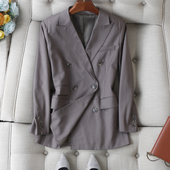 篙及色系 定染深咖色薄垫肩戗驳领双排扣微廓形显瘦西装 外套女秋