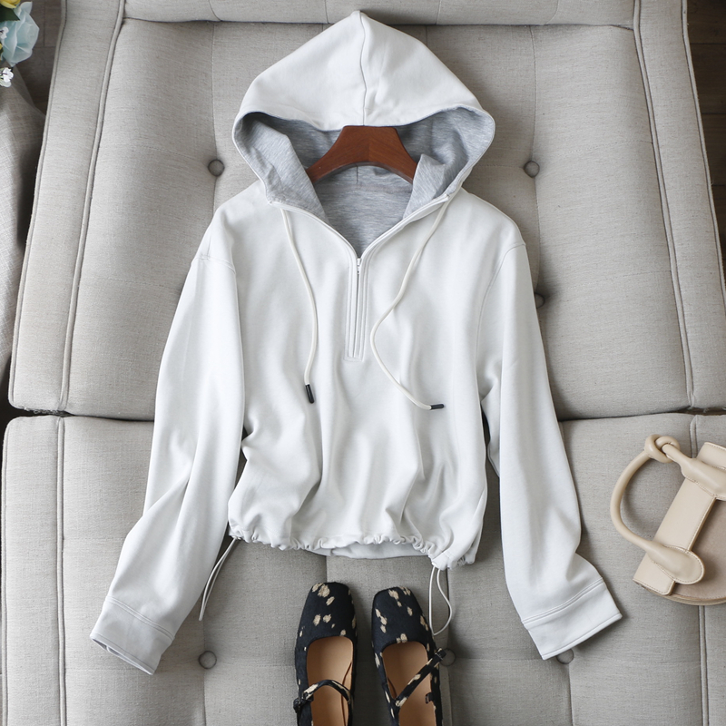 简约有品~休闲纯色拉链半开襟抽绳设计小宽松显瘦长袖连帽卫衣秋