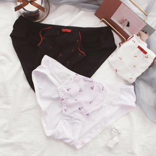 日系清新牛奶丝樱桃印花可爱少女内裤两侧镂空网布女士三角裤内裤