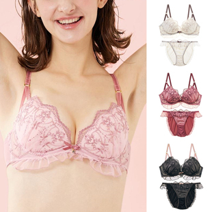 日系日D重工刺绣网纱下摆甜美少女钢圈薄杯聚拢女士文胸内衣套装