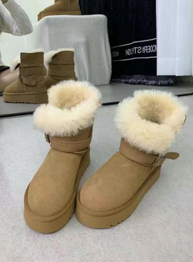 翻毛皮两穿可翻毛羊羔毛毛鞋皮带扣骑士雪地棉靴厚底松糕短靴女鞋