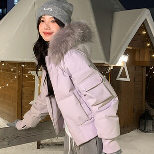 小镇姗姗雪映阑珊仿真貉子毛领棉服女冬防风短连帽小个子外套