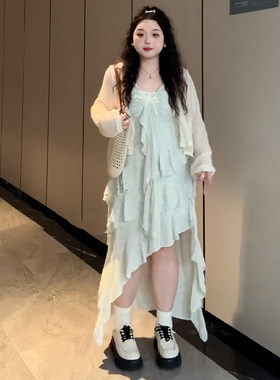 大码设计感吊带连衣裙网格防晒针织开衫两件套女胖mm显瘦时尚套装