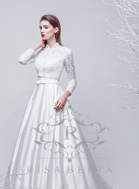 RISA设计师原创《法式》白色两穿复古缎面高领法式蓬蓬裙婚纱礼服