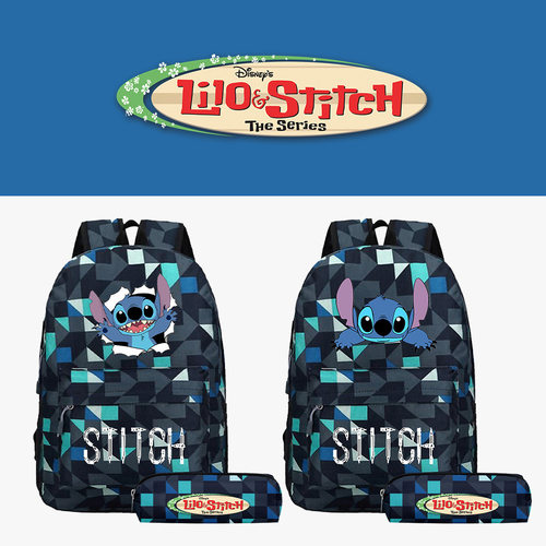 史迪仔Lilo  Stitch 2023新款蓝格子两件套书包男女学生圆筒书包