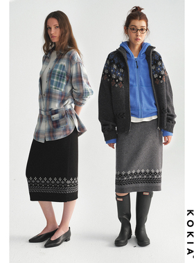 KOKIA现货 羊毛混纺软糯针织 复古费尔岛提花 松紧腰高弹针织半裙