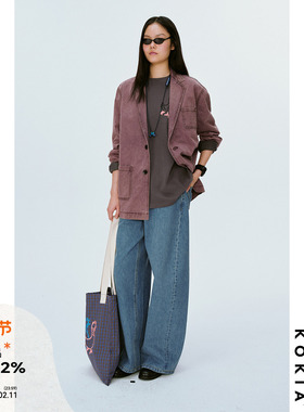 KOKIA现货 巴恩风小众环保套色炒盐做旧软洗雾紫色工装牛仔外套