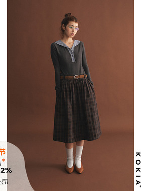 KOKIA现货 附麂皮腰带 Preppy复古格纹 大摆A字中长款纯棉半身裙