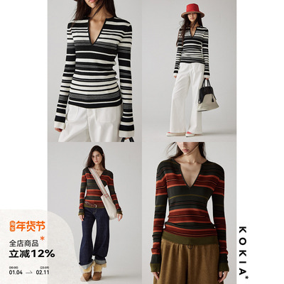 KOKIA高弹V领修身针织上衣