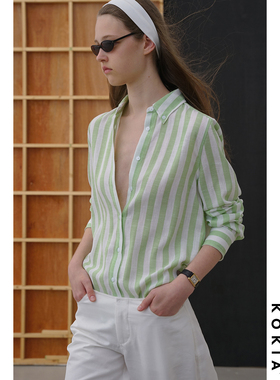 KOKIA现货 法式慵懒 麻感肌理 清爽宽条纹 时髦宽松廓形衬衫 两色