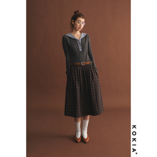 KOKIA现货 附麂皮腰带 Preppy复古格纹 大摆A字中长款纯棉半身裙