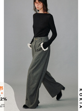 KOKIA现货 灰色精纺杂色羊毛呢立体剪裁修饰腿形宽松阔腿西装长裤