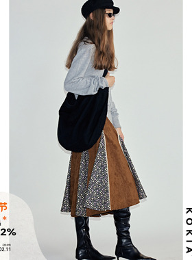 KOKIA现货 明星同款环保植绒麂皮超大摆重工拼接碎花织带半身伞裙