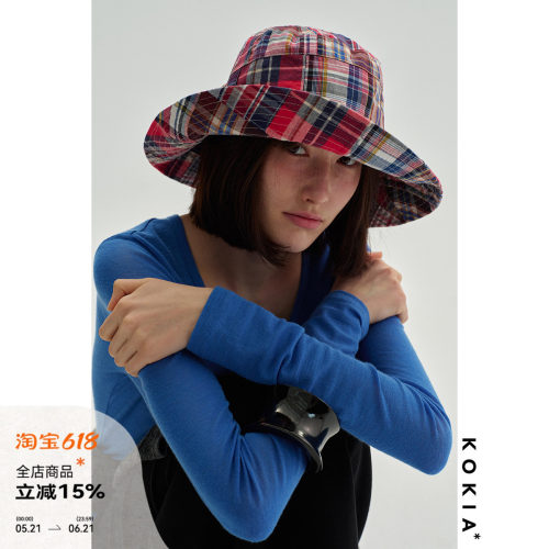 KOKIA现货 重工渔夫帽手作感Madras格纹百家布 搭配神器宽檐瘦脸