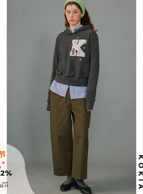 KOKIA现货 砂洗做旧 Pigens hus重工绣花 雪花灰加绒短款帽衫卫衣