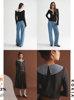 KOKIA现货 羊绒蛋白 复古撞色拼接海军领 零压感修身长袖针织上衣