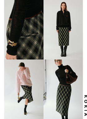 KOKIA现货 明星同款 软糯磨毛菱格纹针织直身百搭中长款半身裙