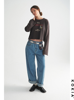 KOKIA现货 复古趣味做旧印花 领口磨破 自然卷边短款叠搭长袖卫衣