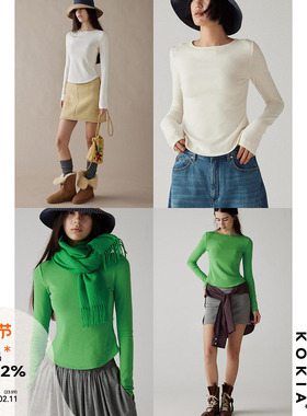 KOKIA现货 一字领高弹修身面膜tee 基础百搭显瘦长袖打底T恤 两色