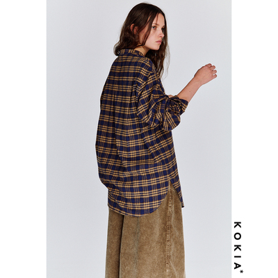 KOKIA蓝卡其格纹磨毛纯棉衬衫