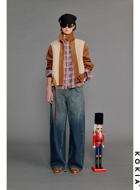 KOKIA现货 环保小鹿皮绞花针织重工拼接 弯刀袖短款狩猎夹克外套