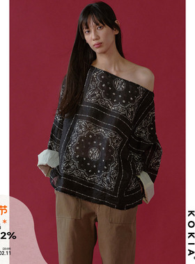 KOKIA现货 Paisley定位印花 船领斜肩两穿袖口可翻折宽松上衣罩衫