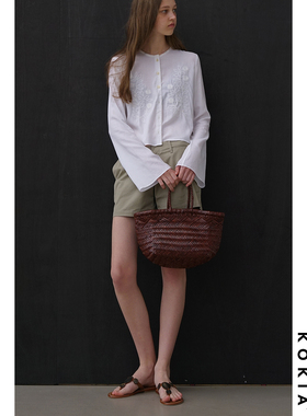 KOKIA现货 重工米粒植物绣花 雨露亚麻混纺 微喇短款衬衫