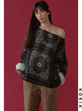 KOKIA现货 Paisley定位印花 船领斜肩两穿袖口可翻折宽松上衣罩衫