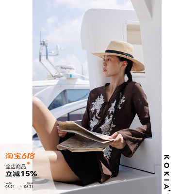 KOKIA蕾丝花朵喇叭袖V领衬衫