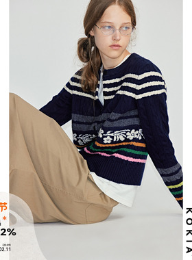 KOKIA现货 ivy style 羊毛复古麻花条纹提花毛衣外套针织开衫