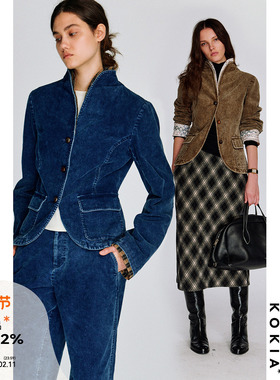 KOKIA现货 重工假两件立领复古砂洗雪花灯芯绒肘部补丁收腰短外套