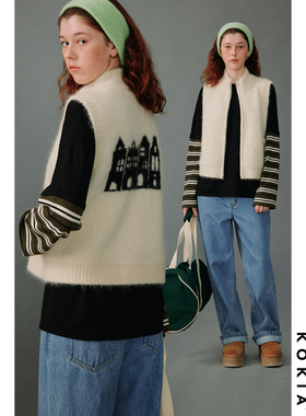 KOKIA现货 Pigens hus提花臻品亲肤马海毛轻暖立领针织开衫马甲