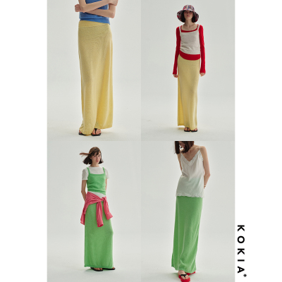 KOKIA螺纹松紧腰长款直筒半裙