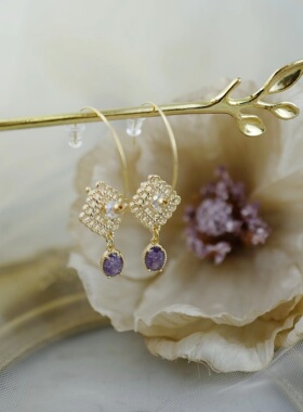 仙紫色复古美人《耳钉耳夹》日系耳环耳圈镂空几何蚊香盘无耳洞