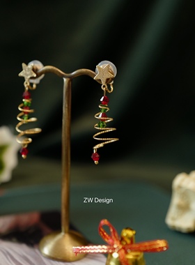 X-mas TREE《耳钉耳夹》一枚圣诞树可爱五角星耳饰红绿色无耳洞女