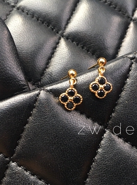 《耳钉耳夹》黑金四叶草金锆石耳坠通体925金耳环无耳洞精致通勤