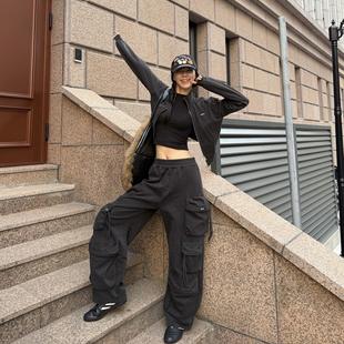 裤 女士 工装 黑灰水洗飘带多口袋运动裤 AIM