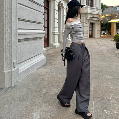 AIM SH 女士宽松廓形双摺休闲西裤直筒裤长裤裤子