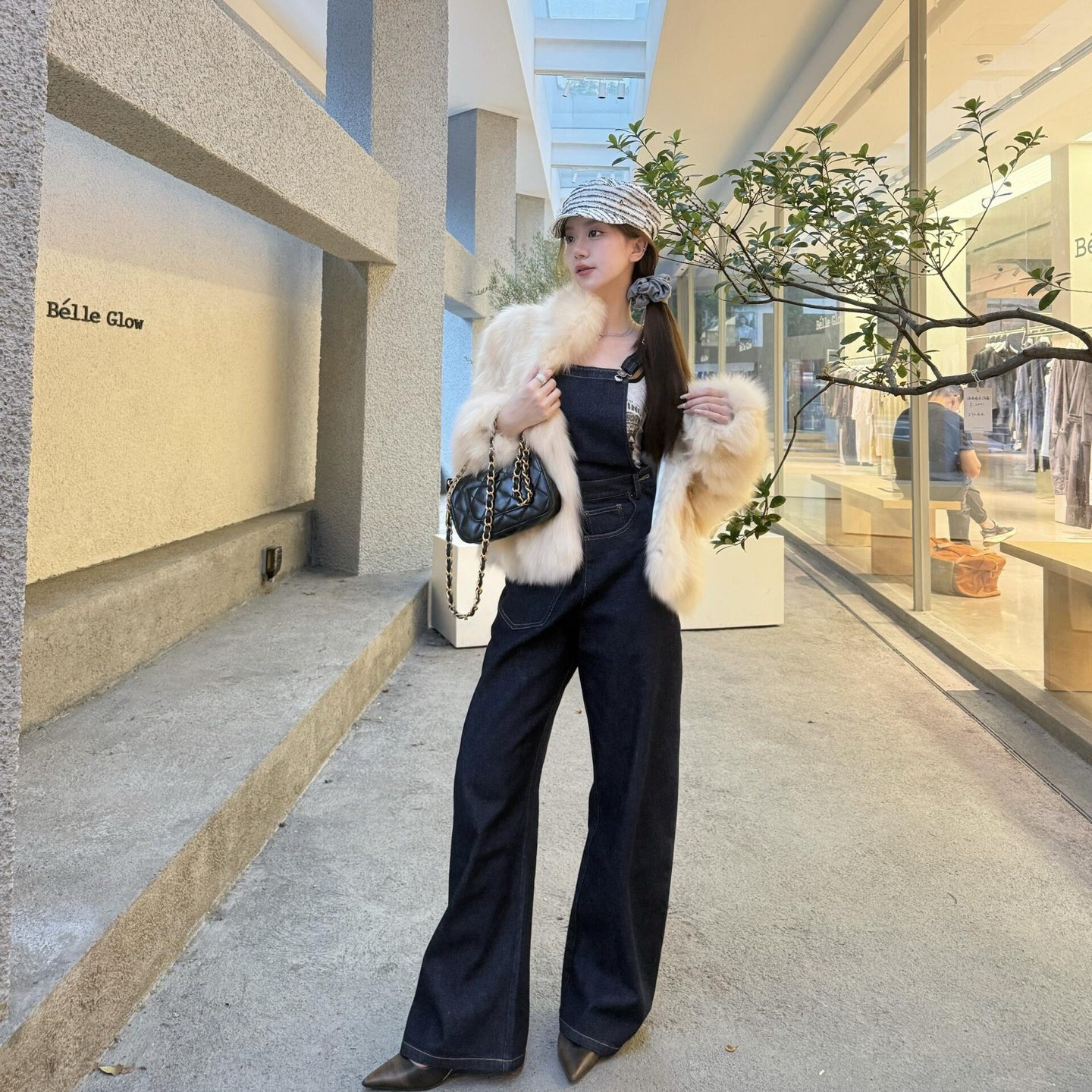 AIM SH 女士 原色正反错位背带牛仔裤连体裤长裤