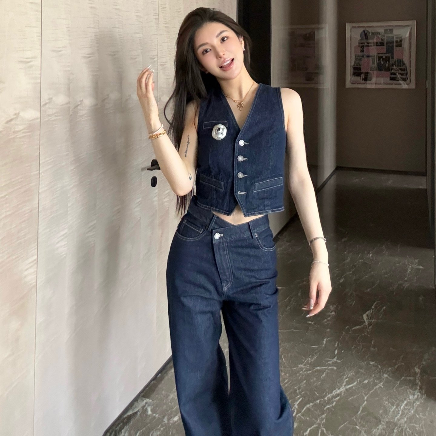 AIM SH女士 V领单排扣马甲无袖原色牛仔背心