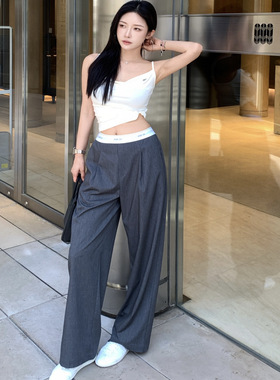 AIM SH 女士 松紧腰logo灰色直筒显瘦显高西裤