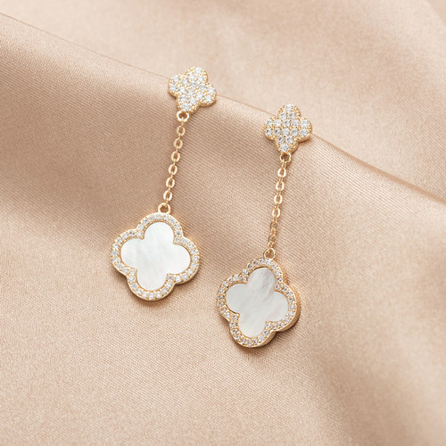 苏瑞瑞长款四叶草吊坠流苏耳钉微镶镀金名媛小香气质原理显瘦耳环